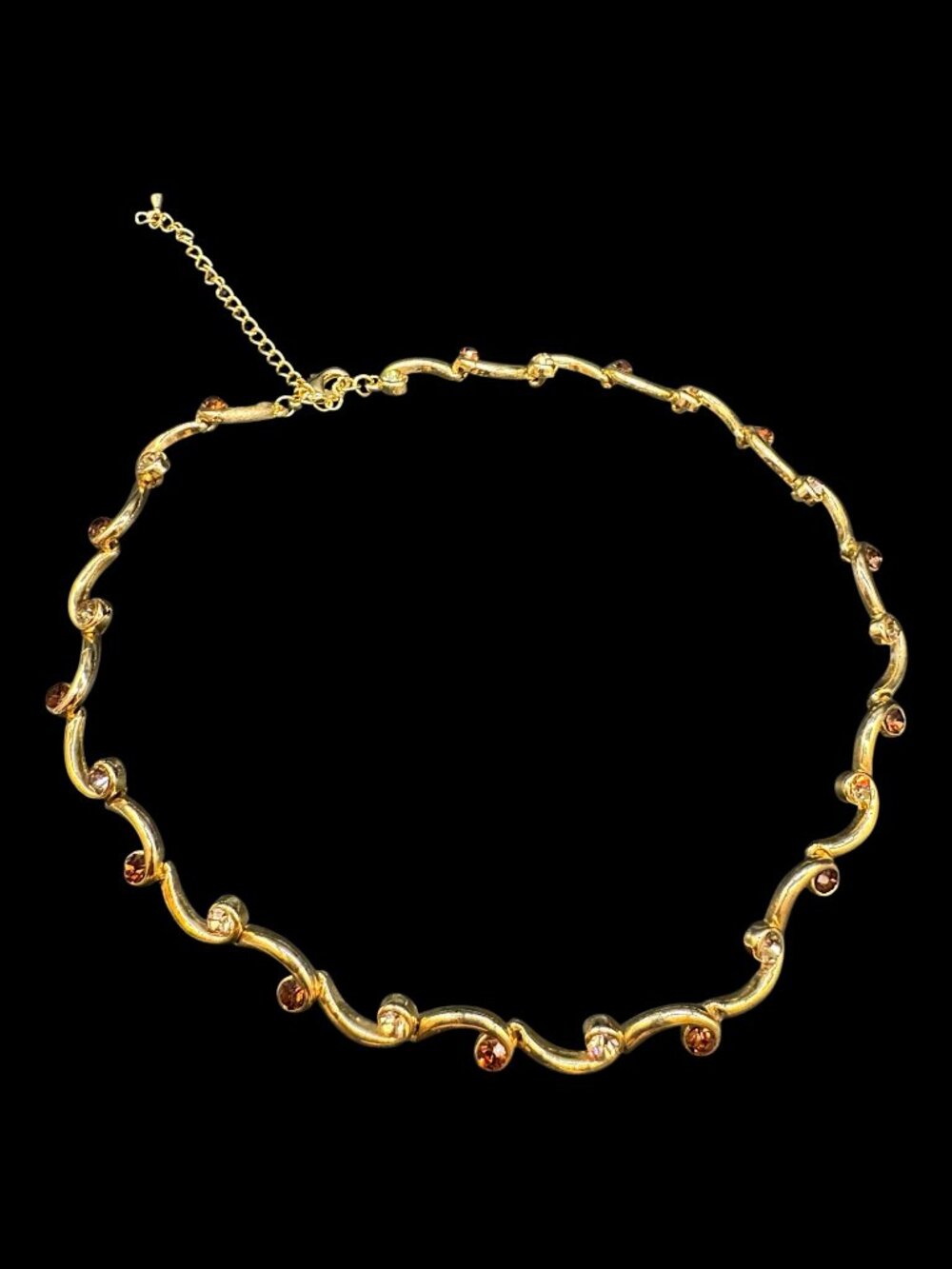 Gold Tone Choker Necklace Yellow & Amber Rhinestones 13" + Extender